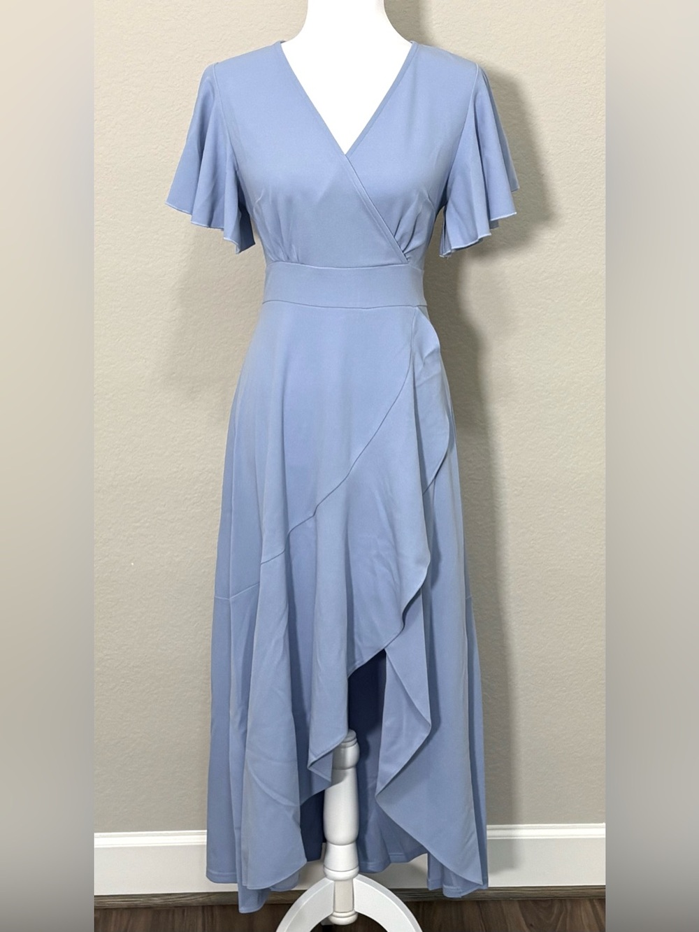 Blue Flutter Sleeve Ruffle Wrap High Low Midi Dress Size M